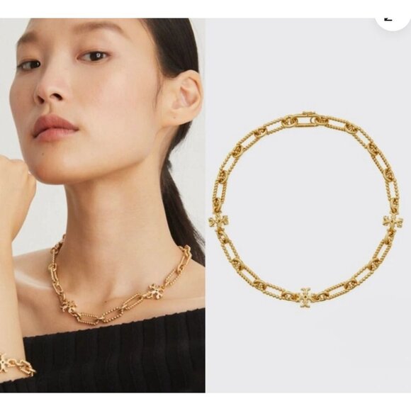 NEW!  Tory Burch Gold Roxanne Chainlink Choaker Necklace - Picture 2 of 4